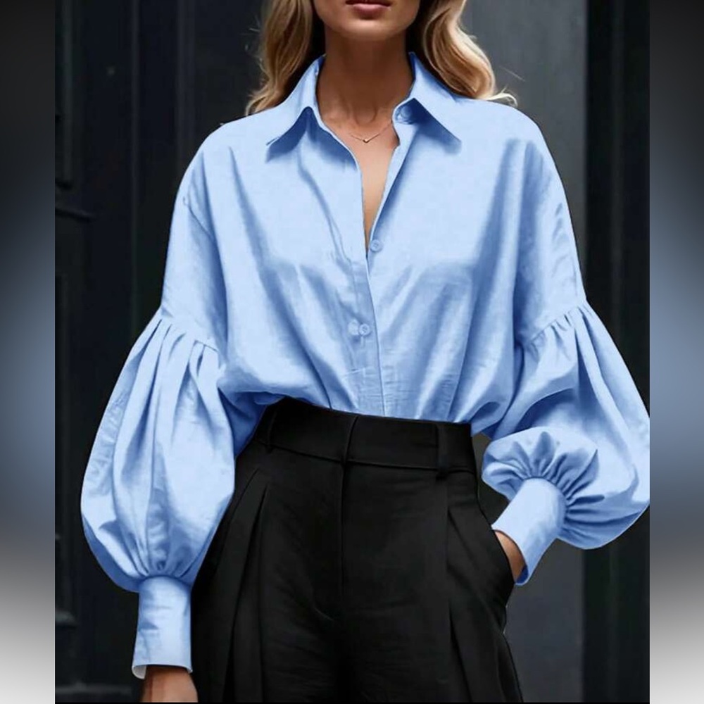 Classic Blue Balloon Sleeve Button-Down Shirt Top Blouse